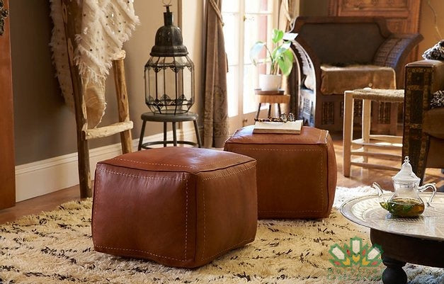 Set of 2 outlet Moroccan leather pouf. Natural leather ottoman pouf. Footstool leather pouf. Home decor Berber pouf.