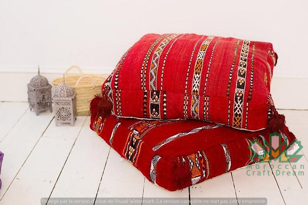 Kilim Moroccan poufs and ottomans made from rug and wool material, featuring vibrant patterns and traditional craftsmanship for stylish decor.