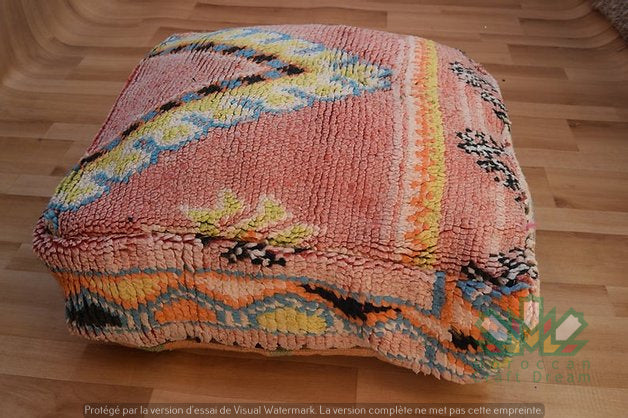 Kilim Moroccan poufs and ottomans made from rug and wool material, featuring vibrant patterns and traditional craftsmanship for stylish decor.