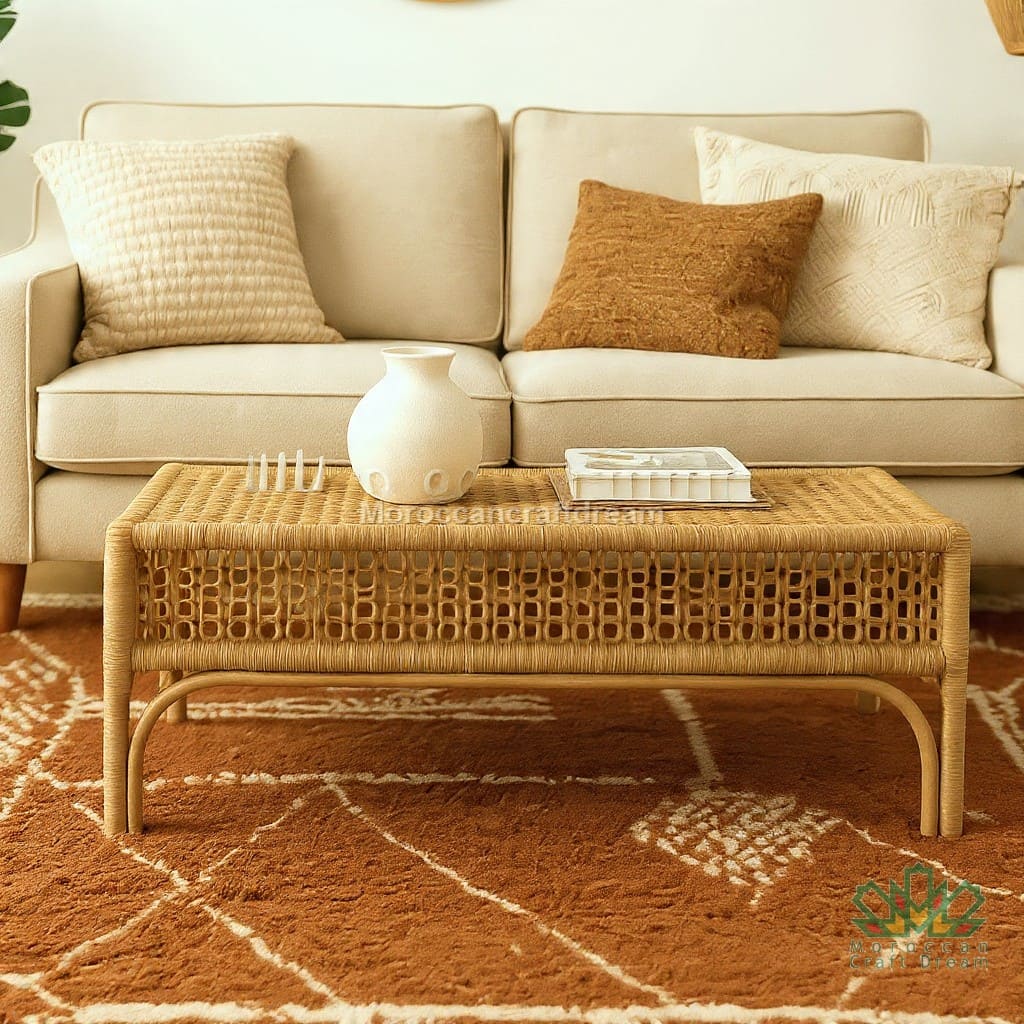 Beige sofa with decorative pillows and a woven coffee table on a patterned rug.