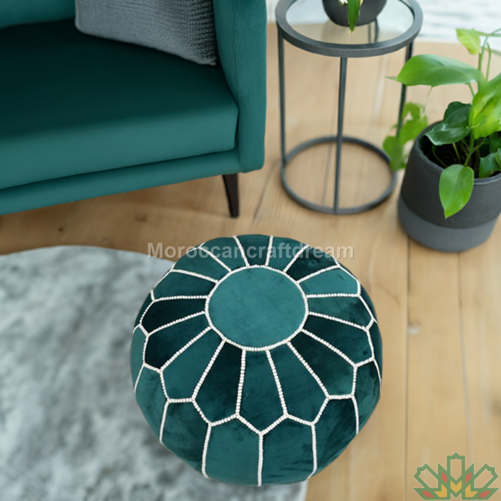 green white handmade velvet moroccan pouf ideal for modern and bohemian decor