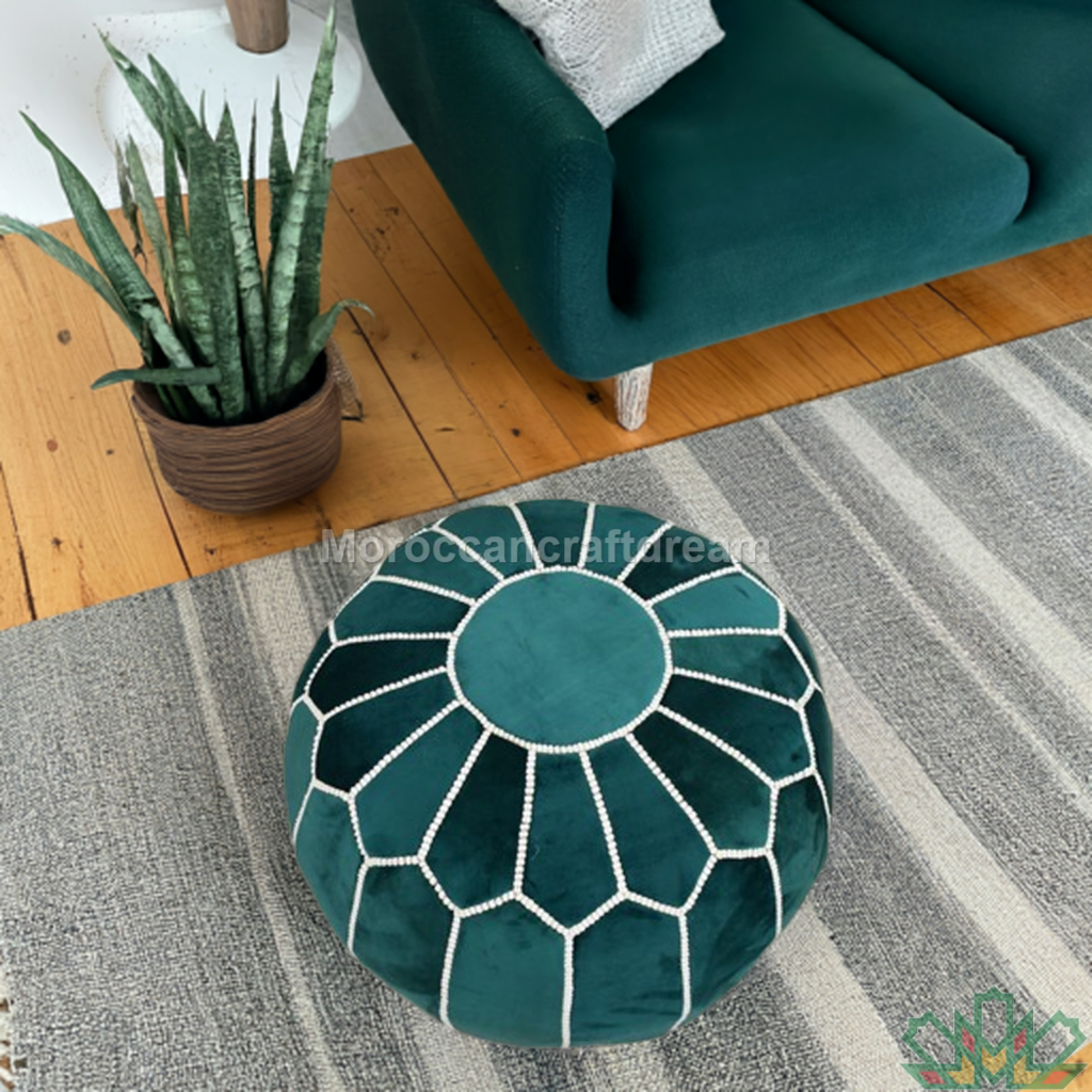 green handcrafted wool velvet moroccan pouf ideal for modern and bohemian decor