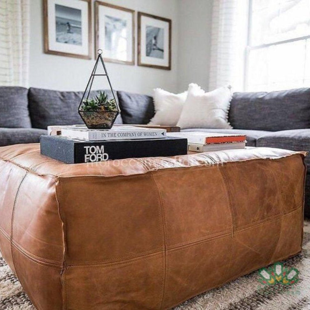 Handmade light caramel darky large leather ottoman coffee table, designed to enhance any living room with style and functionality