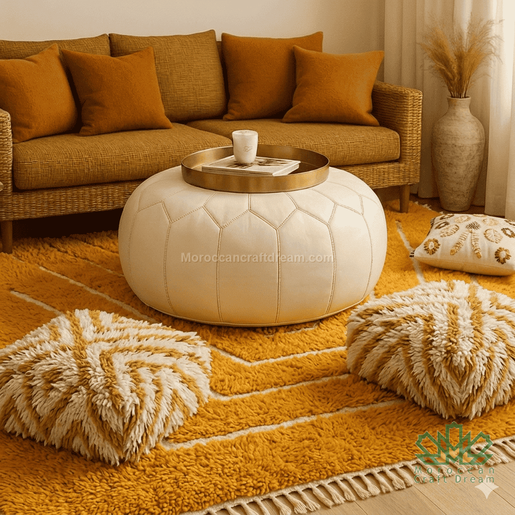 Living room with a brown sofa, white ottoman, and yellow patterned rug.