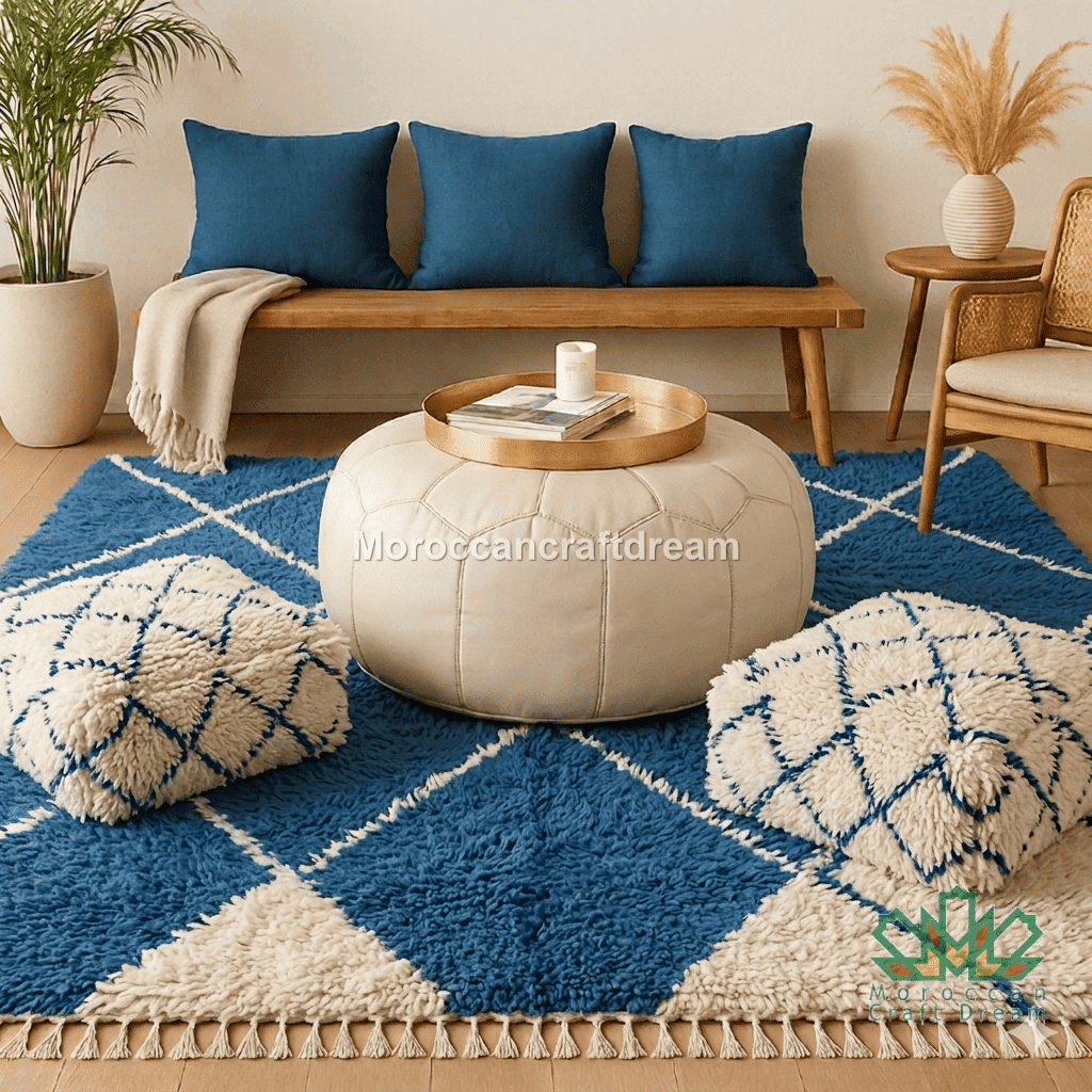 Living room with blue rug, beige ottoman, and wooden bench with blue cushions.