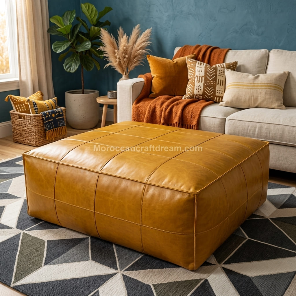 A square mustard yellow leather pouf ottoman with stitched grid panels, placed in a modern living room setting on a geometric patterned rug next to a white sofa.