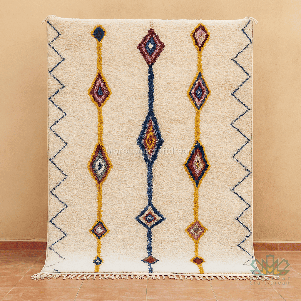 Grand Tapis Berbère Marocain Azilal – Laine Nouée Main – 245x142 Cm – Beige