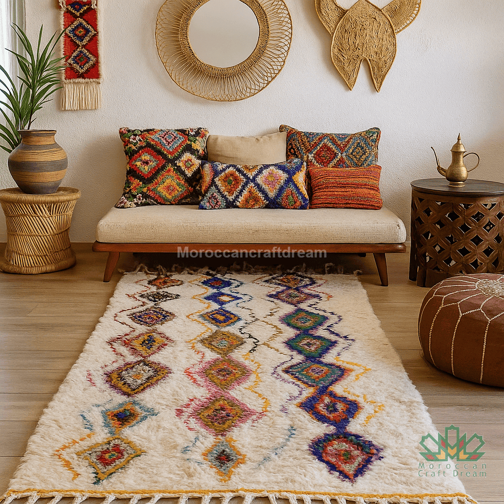 Moroccan-style living room with patterned rug, cushions, and decor.