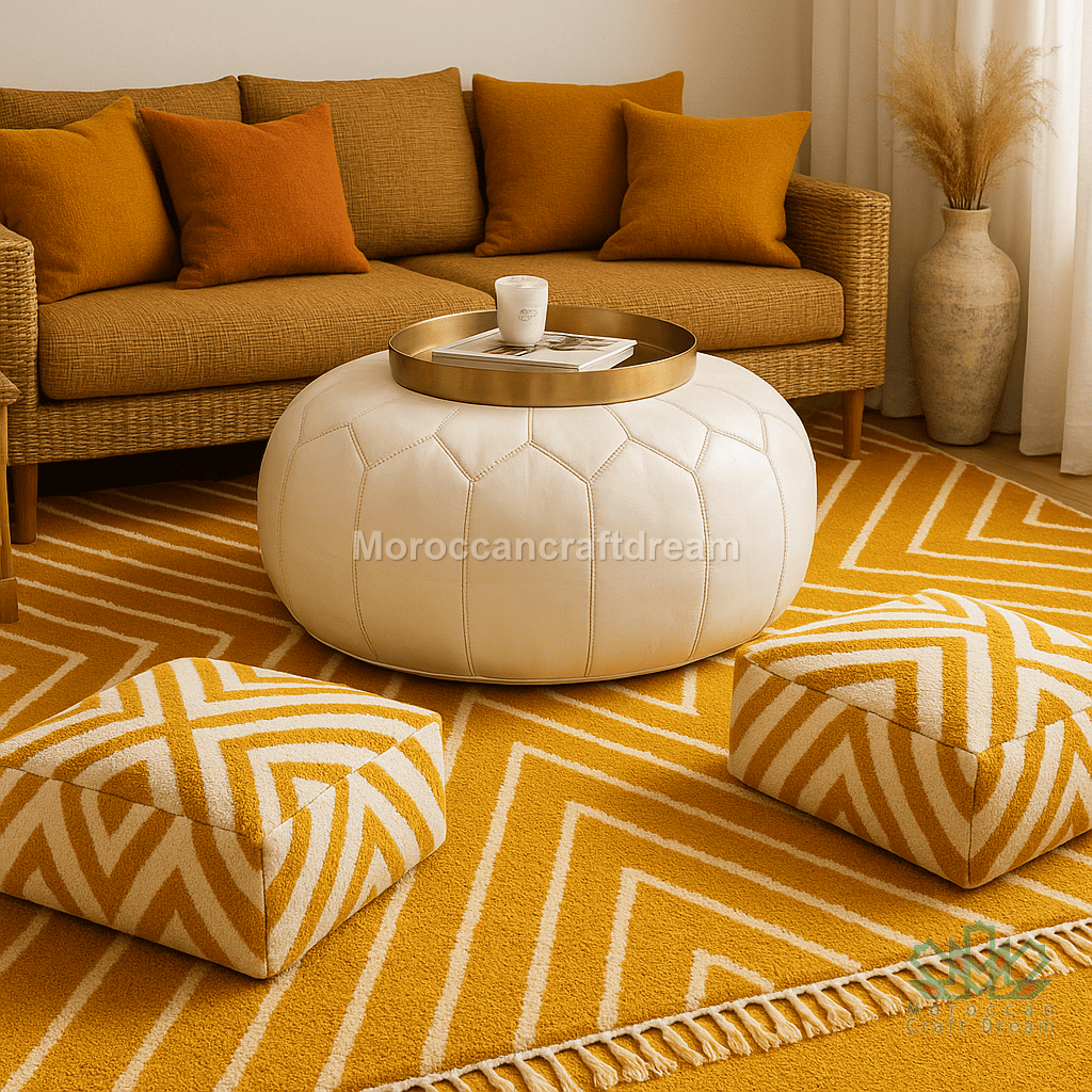 Living room with a brown sofa, white ottoman, and yellow patterned rug.