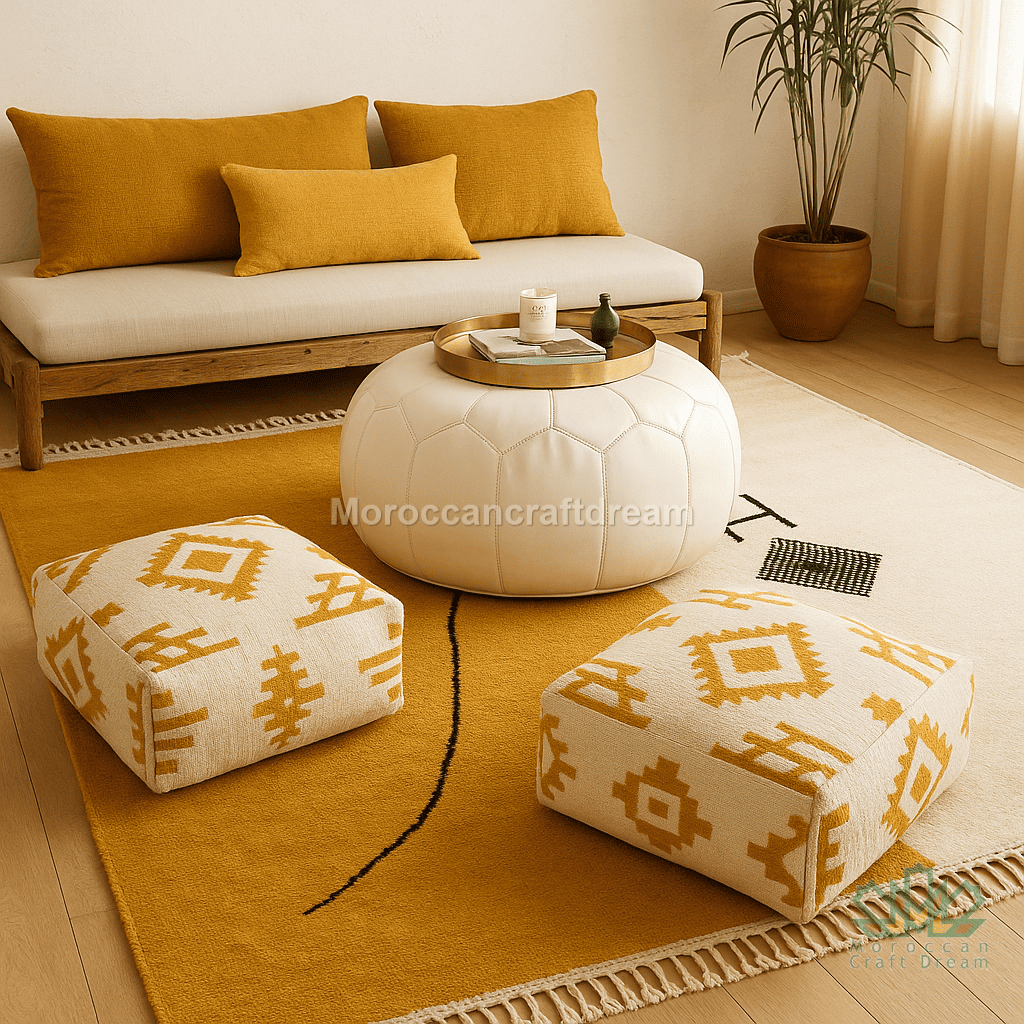 Living room with wooden sofa, ottomans, and a round coffee table on a yellow rug.