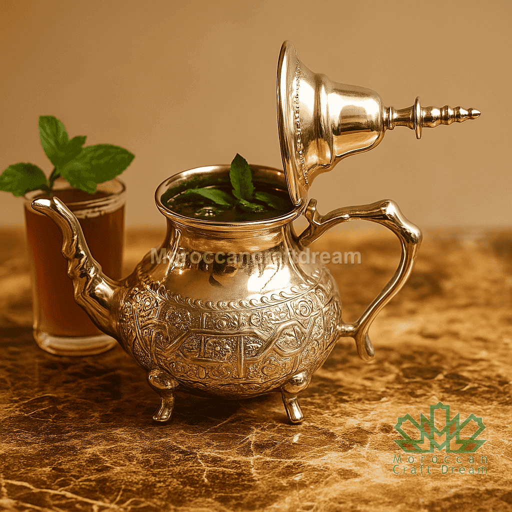 Decorative silver teapot with a glass of tea and mint leaves on a marble surface.