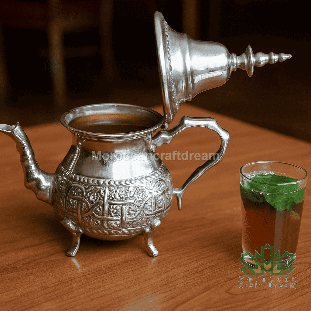 Decorative silver teapot with a glass of mint tea on a wooden surface