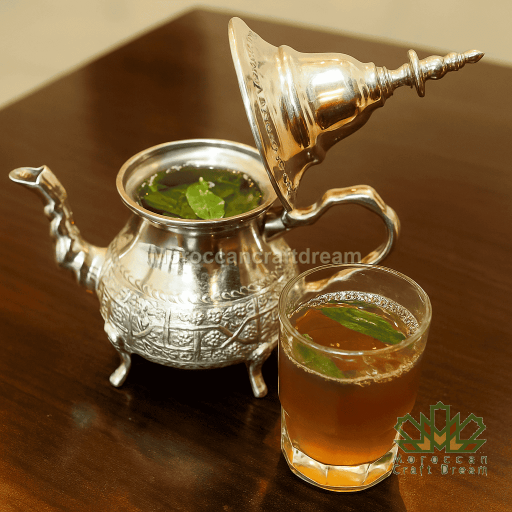 Silver teapot with a glass of tea on a wooden surface