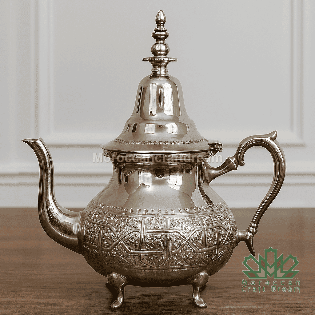 Silver teapot with intricate designs on a wooden surface
