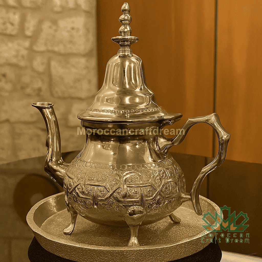 Silver teapot with intricate designs on a stone surface, brand 'MoroccanCraftDream' visible.