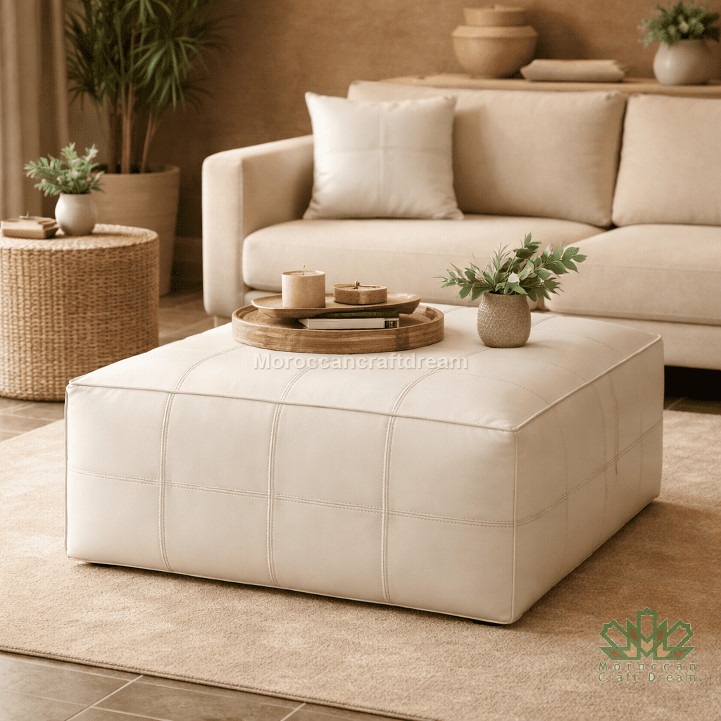White leather ottoman coffee table and leather pillow with decorative items in a living room setting