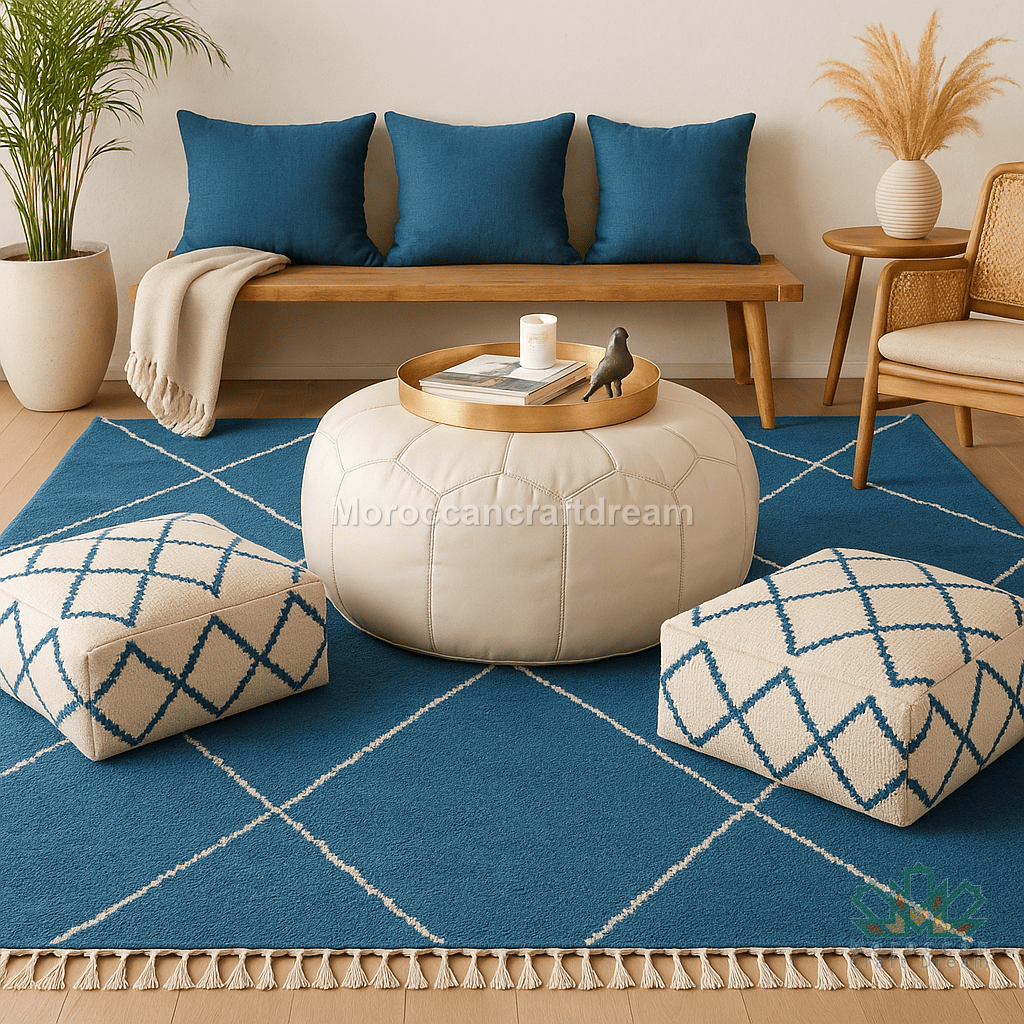 Living room with blue rug, beige ottoman, and wooden bench with blue cushions.