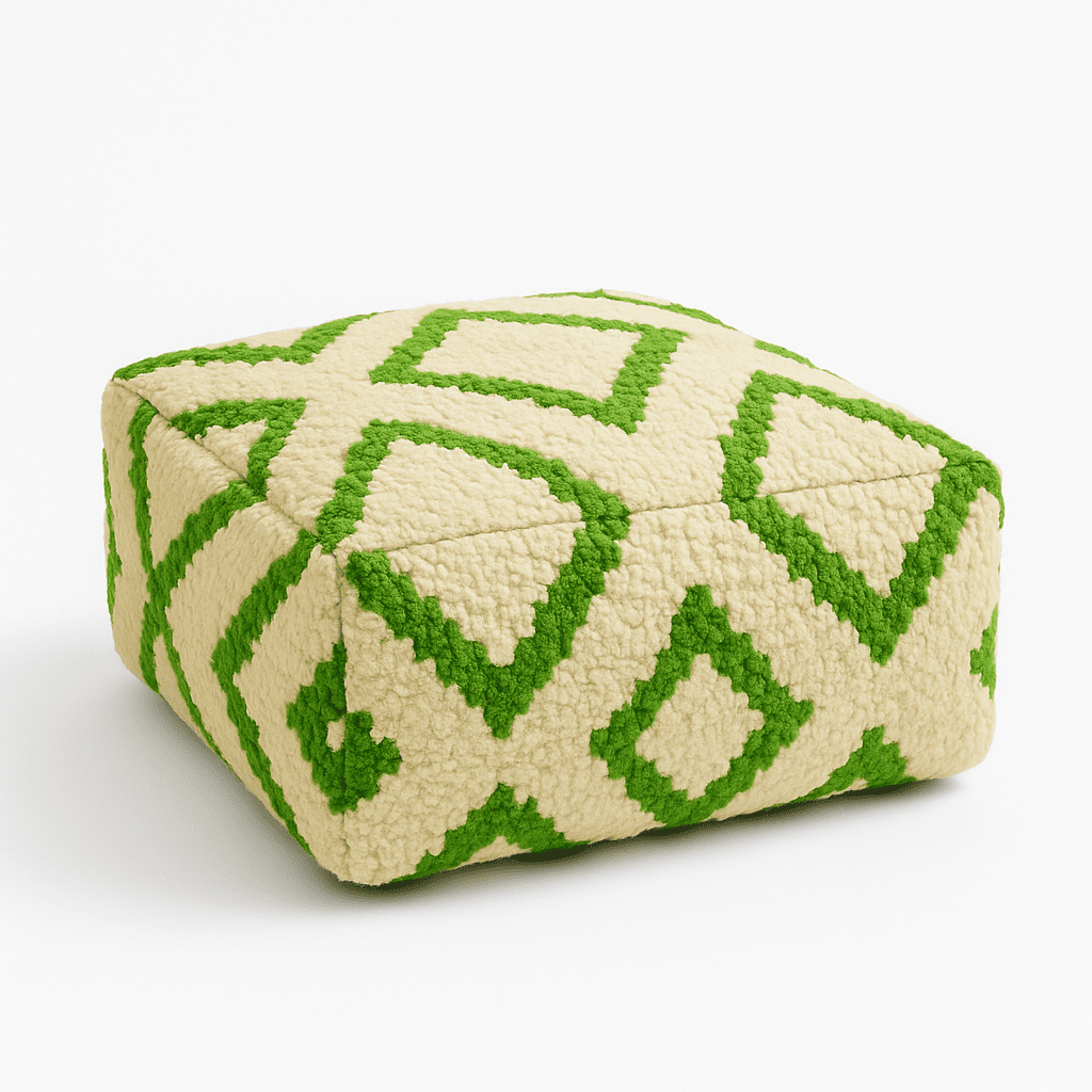 Cube-shaped ottoman with green and beige pattern on a white background