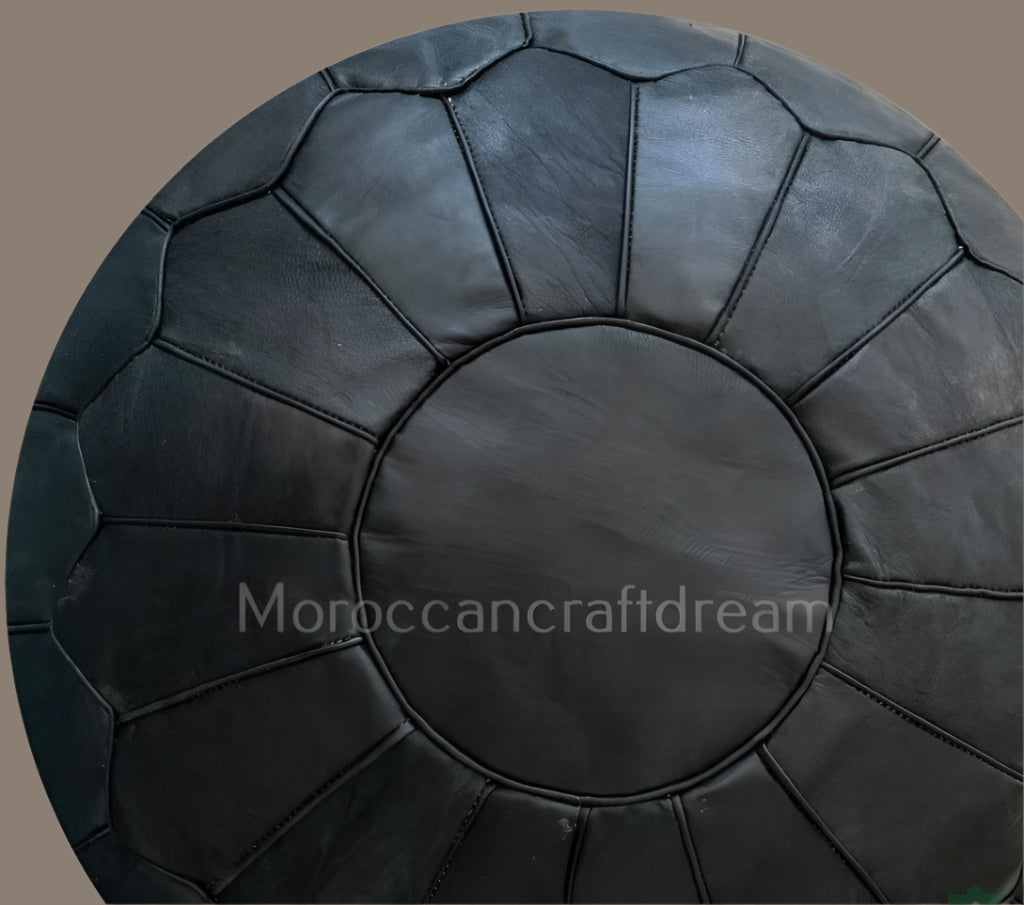 Pouf ottoman rond en cuir noir fait main sans étoile MRP5BL