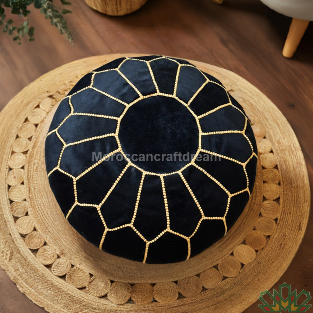 Pouf marocain de luxe en velours NOIR VP1BL