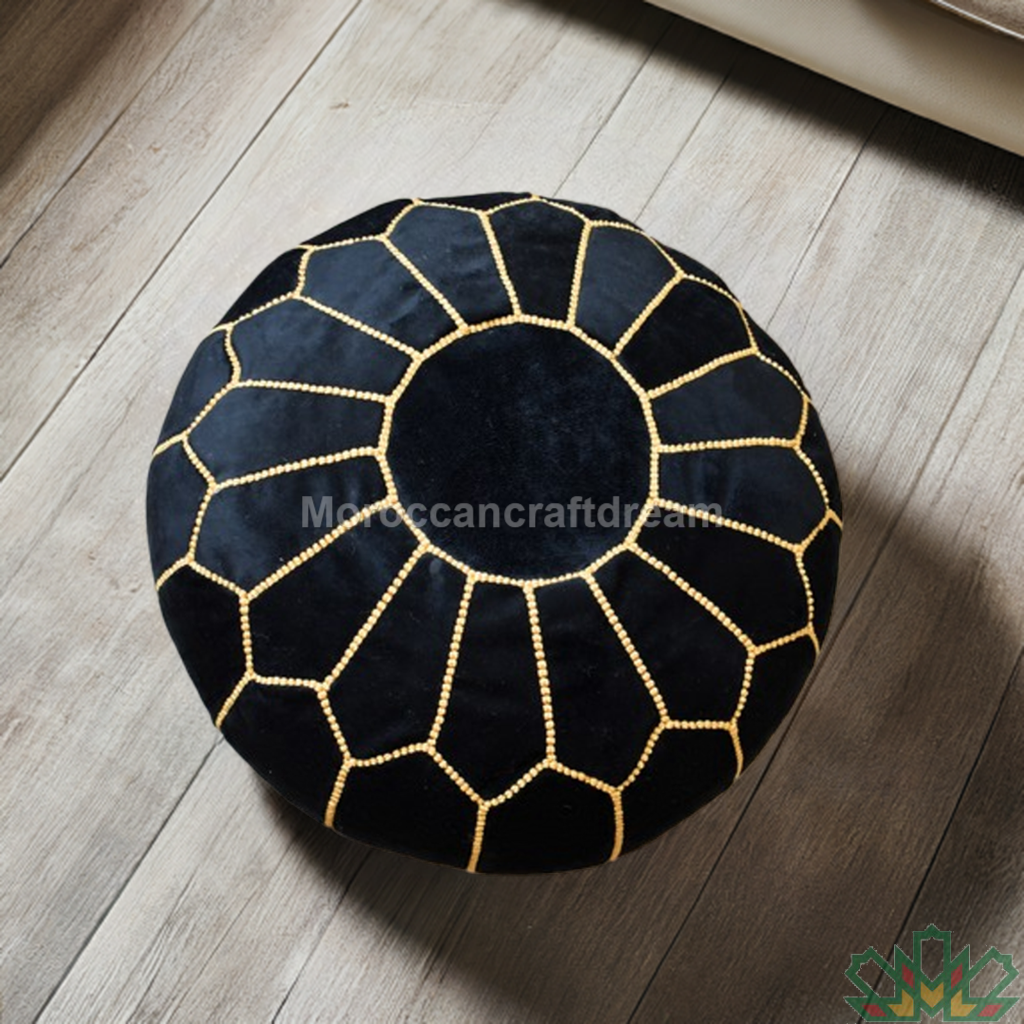 Pouf marocain de luxe en velours NOIR VP1BL