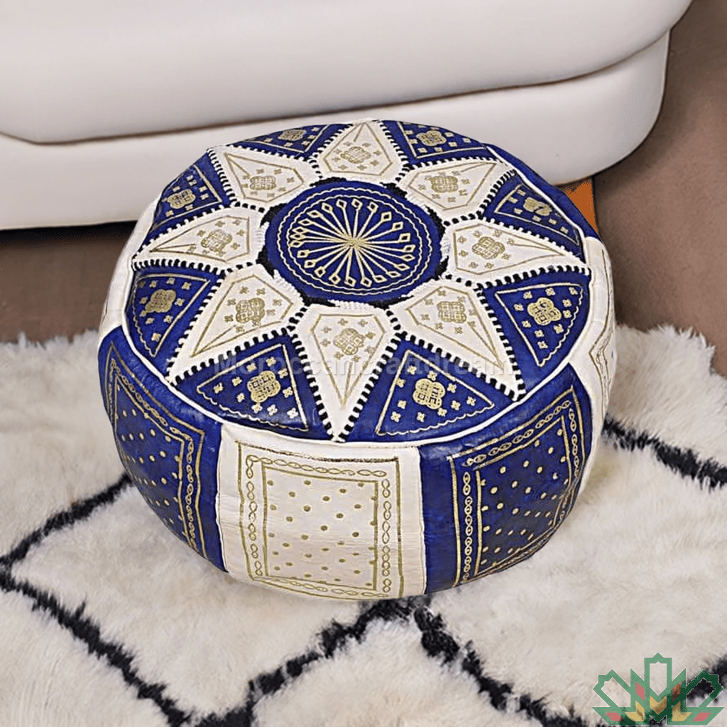 blue leather ottoman in a berber rug