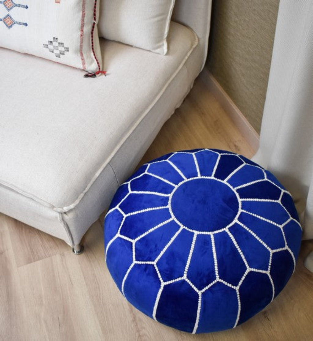 handcrafted blue velvet moroccan pouf ideal for modern and bohemian decor