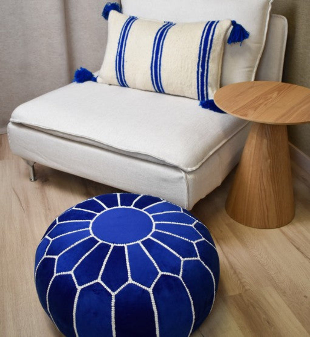 lovely blue velvet moroccan pouf ottoman handmade  ideal for modern and bohemian decor