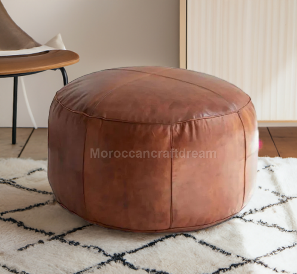 brown handmade moroccan pouf leather ottoman used as footstool coffee table
