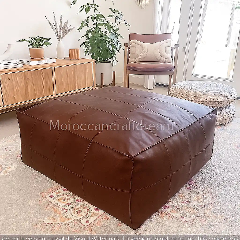 Brown leather ottoman in a living room setting with a chair, plants, and wooden cabinet.