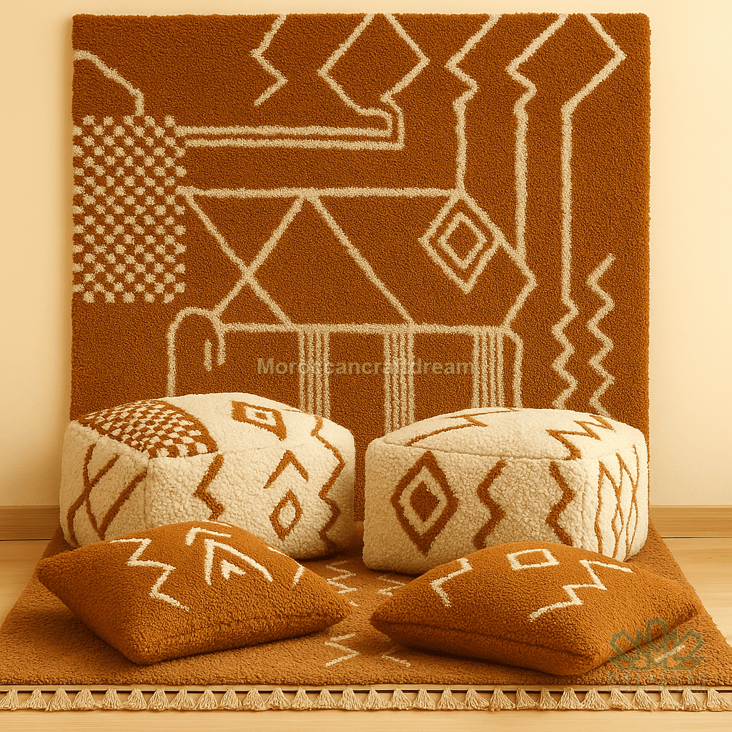 brown kilim pouf berber area rug and wool pillows