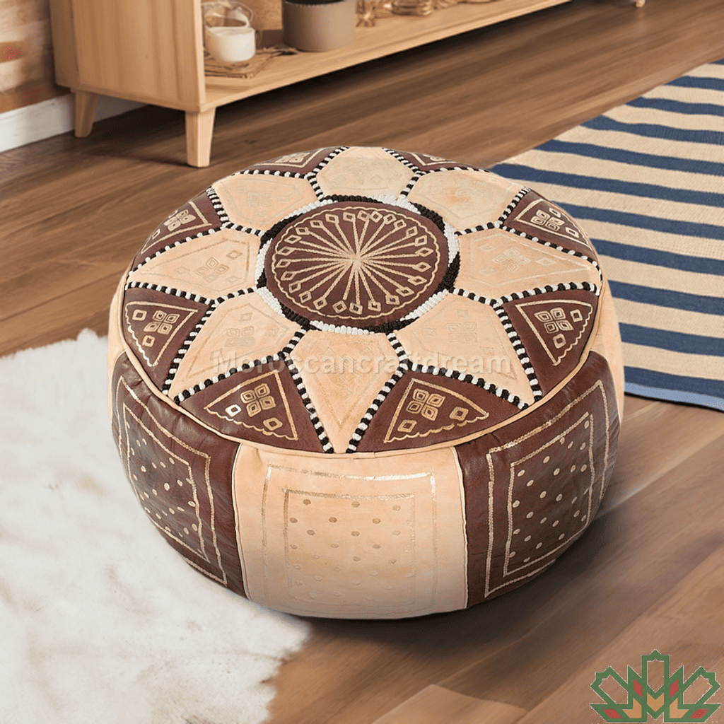 hadncrafted moroccan brown leather pouf