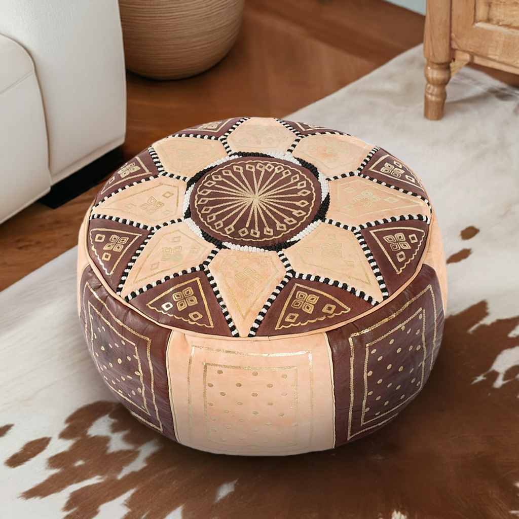 handmade moroccan brown leather pouf