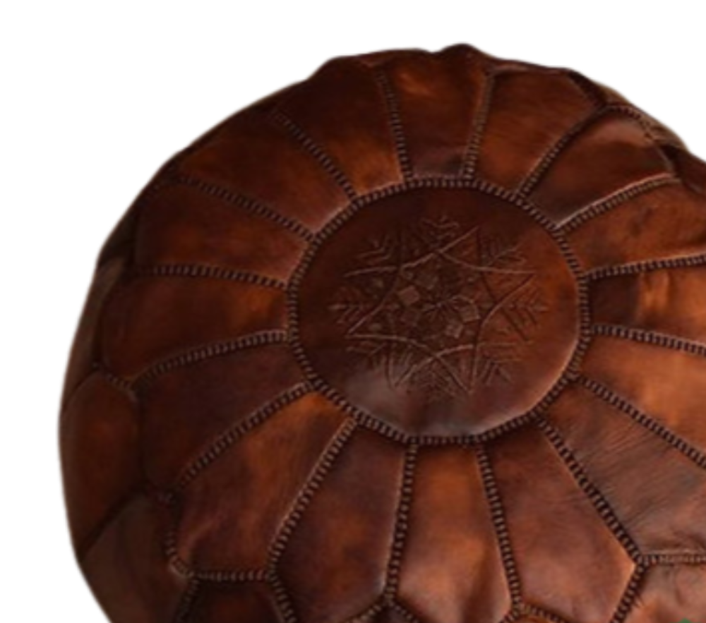 Brown Tan Moroccancraftdream leather pouf ottoman with geometric patterns, offering versatile use as a seat, footrest, or coffee table.