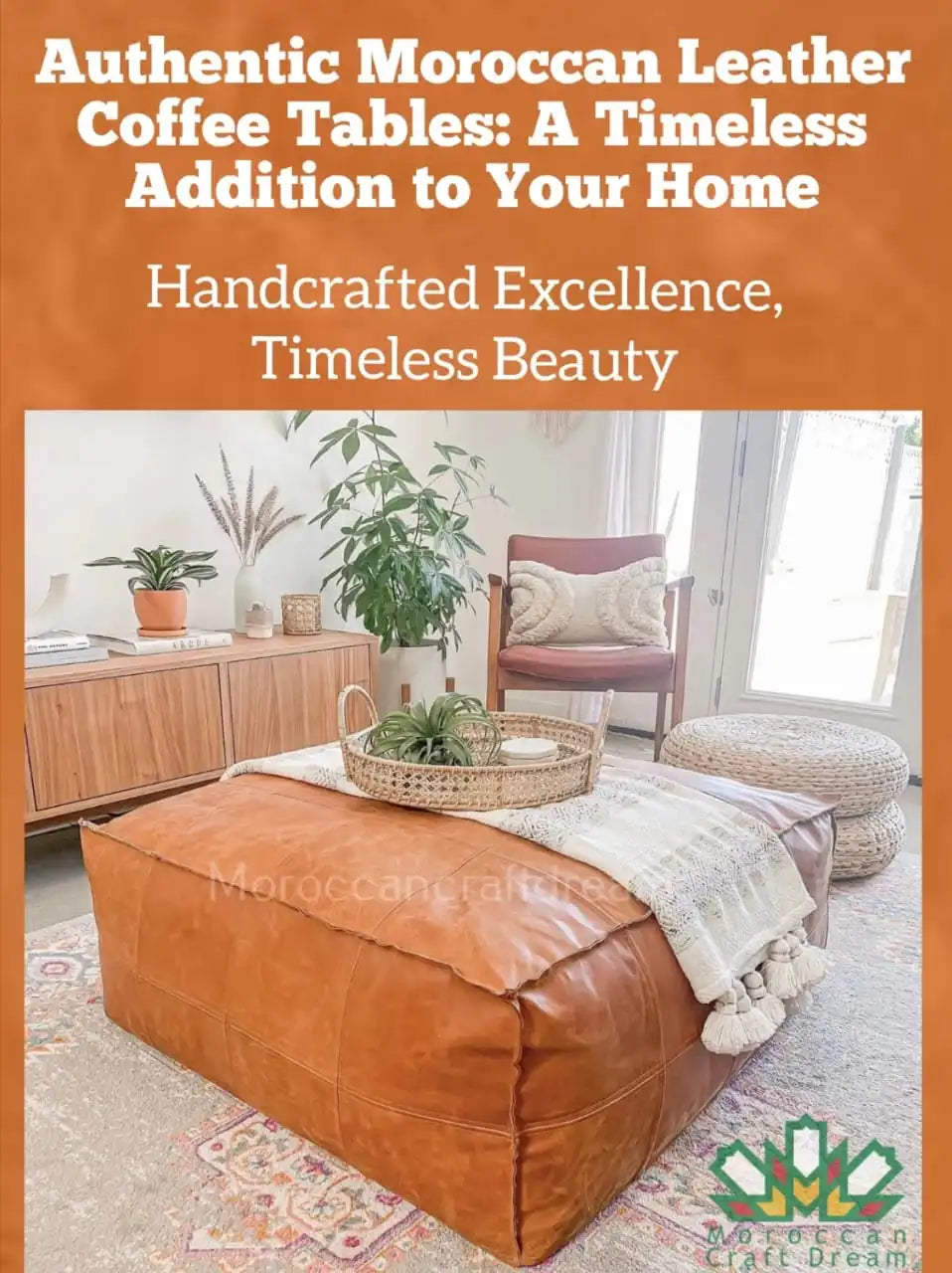 Handcrafted Moroccan leather pouf in caramel color, perfect for living room decor and extra seating.