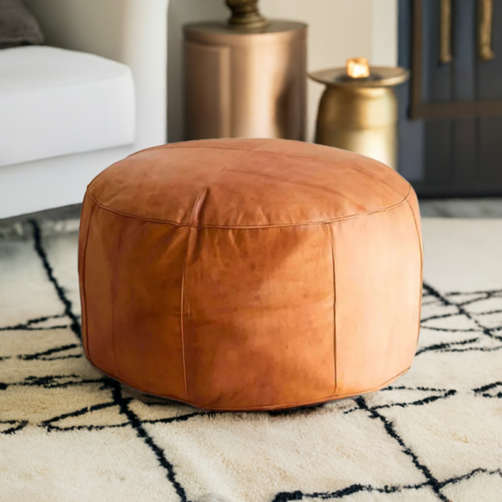 handmade large round leather ottoman coffee table footstool moroccan pouf caramel authentic furniture