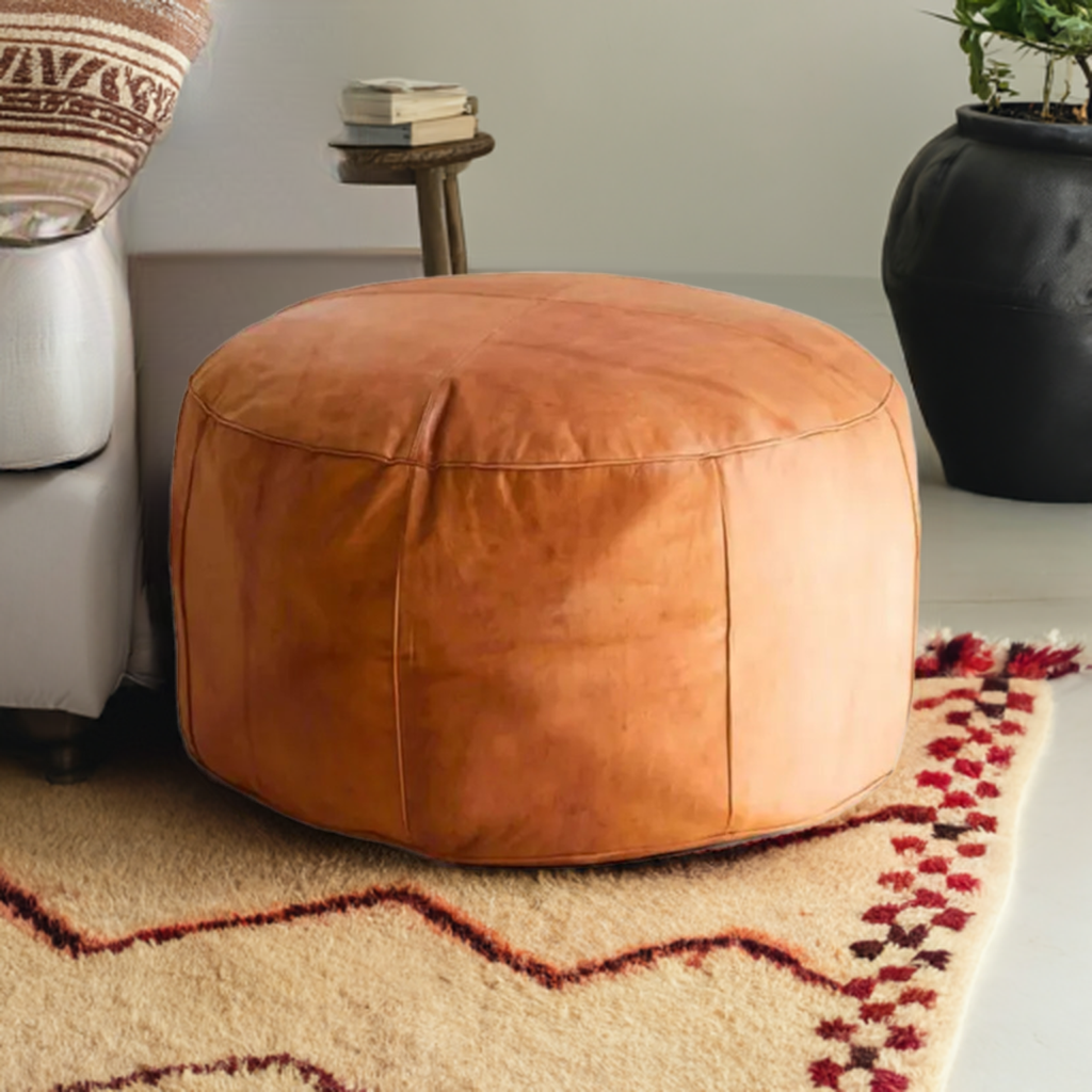 large round leather ottoman coffee table footstool moroccan pouf caramel handmade home decor