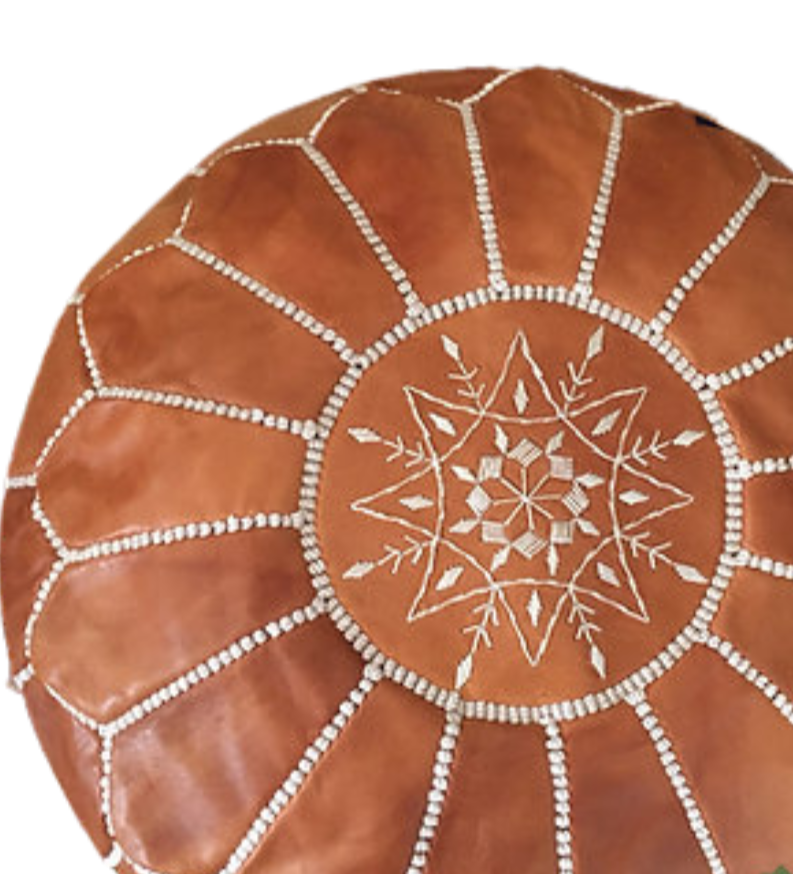 Moroccan caramel leather ottoman featuring durable craftsmanship, suitable for daily use as seating or footrest.