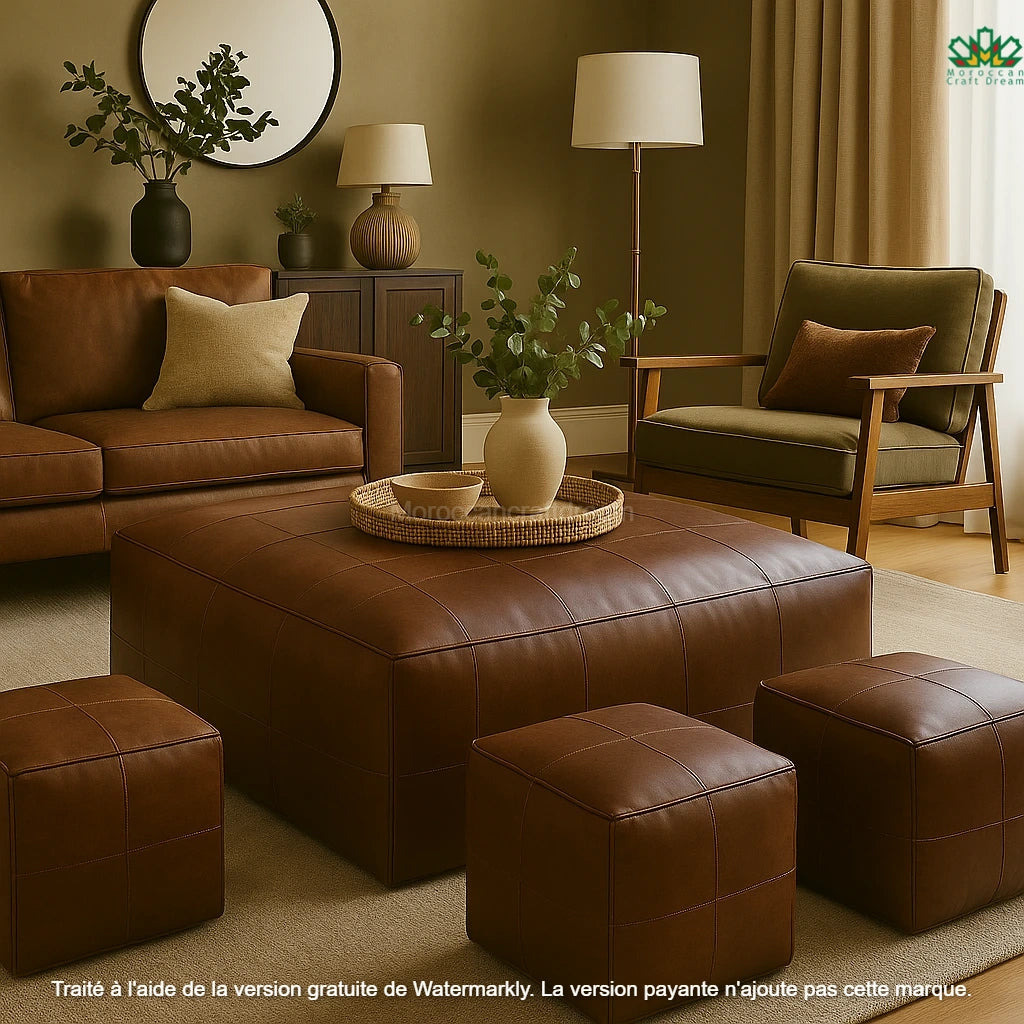 Living room with brown leather coffee table ottoman, and pouf armchair against a green wall.