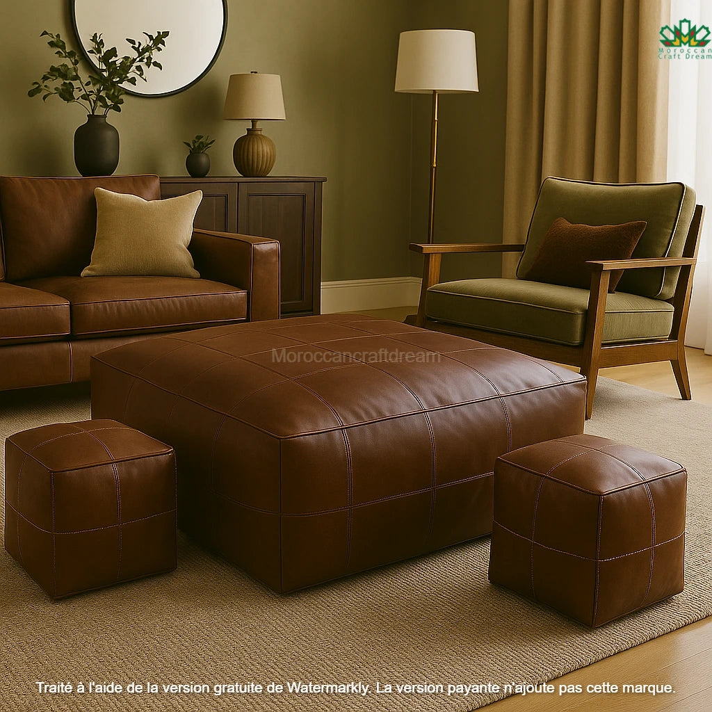 Living room with brown leather sofa, ottoman, and armchair against a green wall.