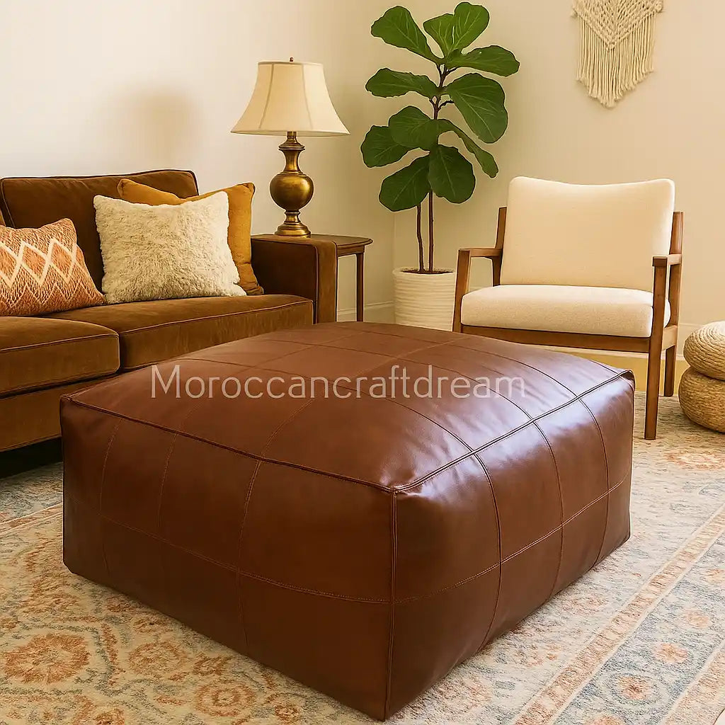 Brown leather ottoman in a living room with a sofa, chair, and decorative elements.