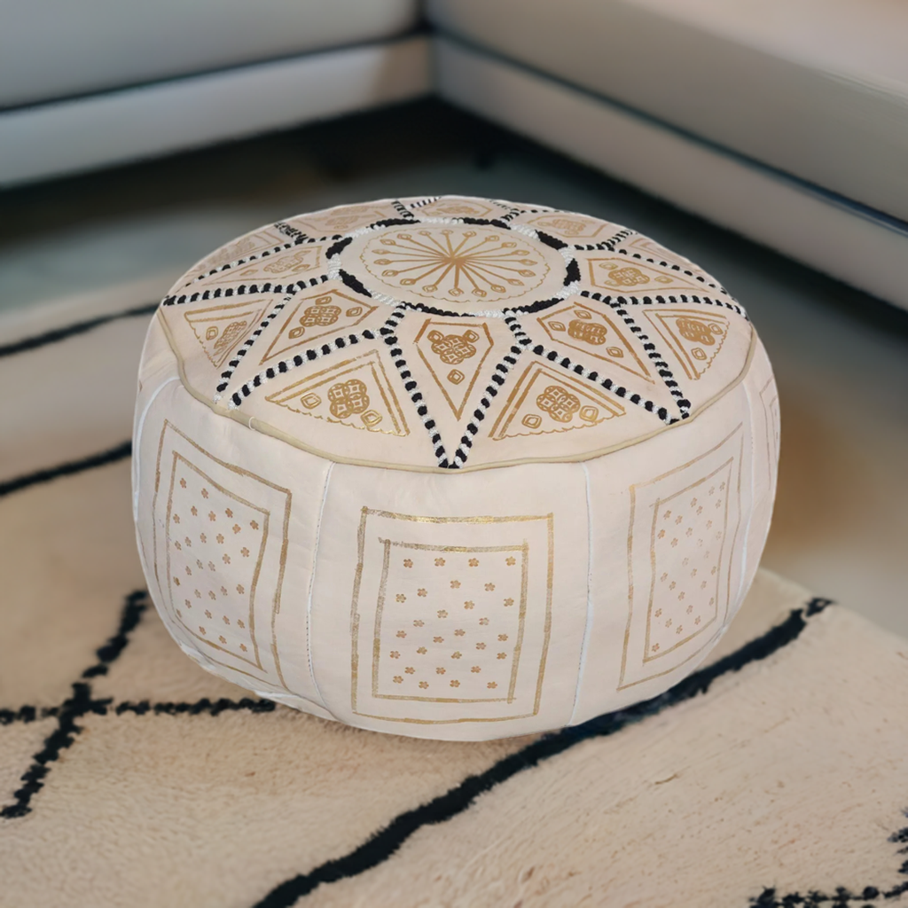 handmade moroccan cream leather pouf