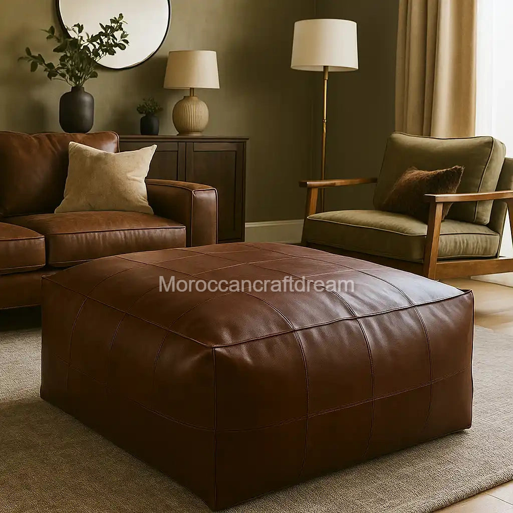 Dark Brown leather ottoman coffee table in a living room setting with a sofa, chair, and lamps.
