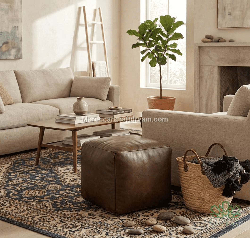 A styled living room scene featuring a brown leather ottoman in the foreground, a beige sofa and armchair, a patterned area rug, a wooden coffee table, a potted fiddle-leaf fig, and a woven basket on a stone floor near a fireplace.