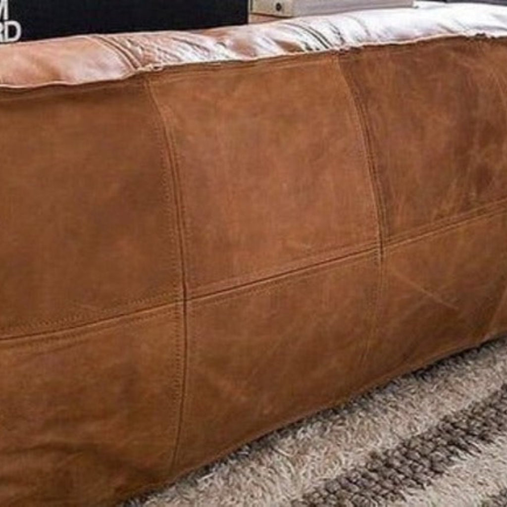 Handmade light caramel darky large pouf, leather ottoman coffee table, designed to enhance any living room with style and functionality