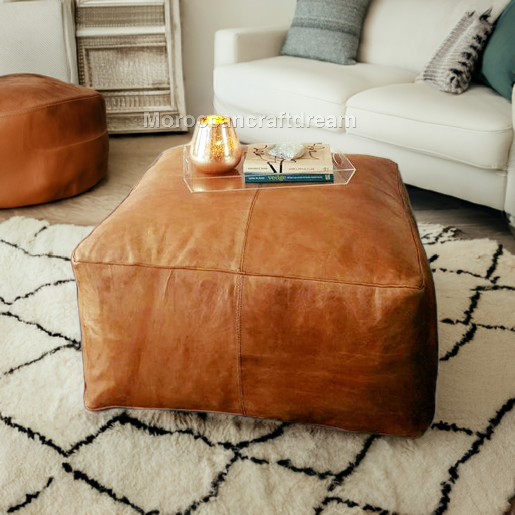 darky light caramel Large Leather Ottoman Coffee table, Handmade Moroccan Pouf