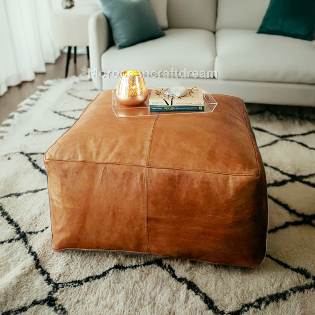 Large Leather Ottoman Coffee table, Handmade light caramel Moroccan Pouf