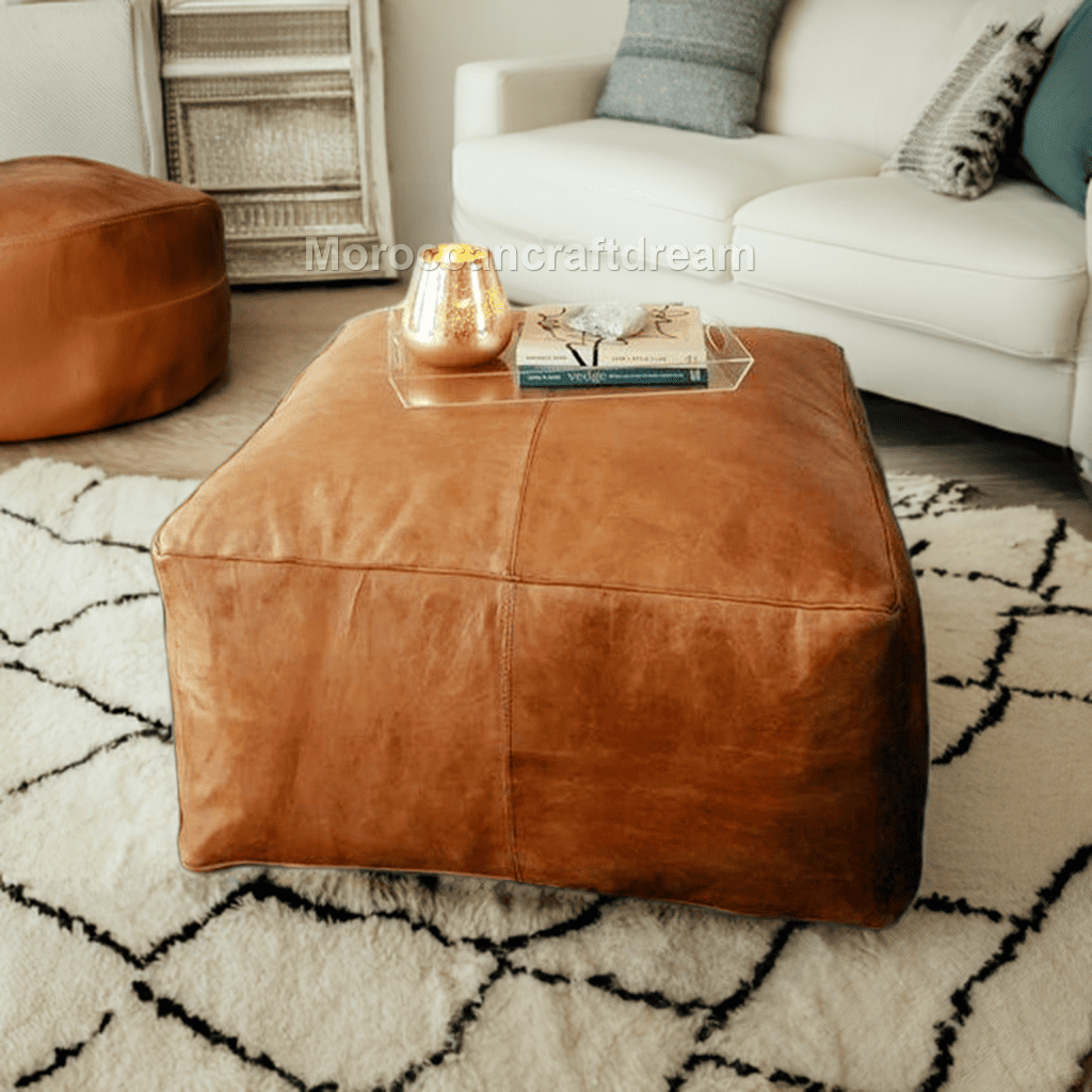 Large Leather Ottoman Coffee table, Handmade light caramel Moroccan Pouf