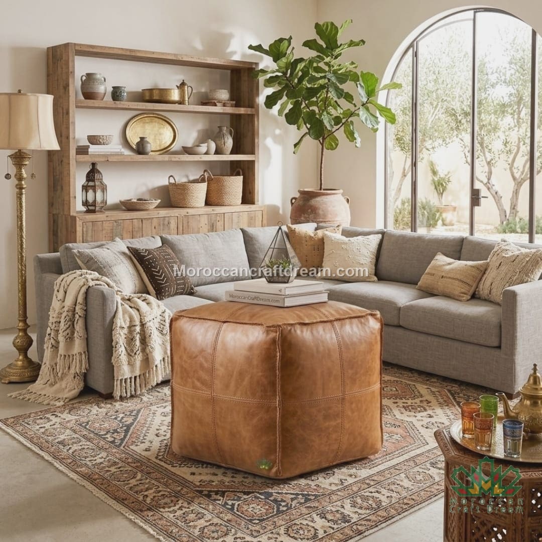 A styled living room featuring a central light caramel leather cube pouf ottoman on a patterned rug, set in front of a gray sectional sofa with a wooden shelving unit and a large arched window in the background.