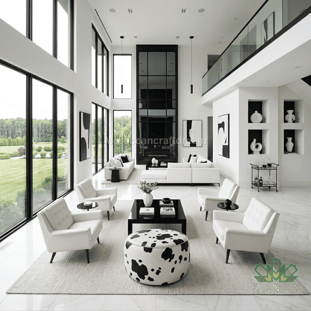 A modern, high-ceilinged living room with white furniture, black accents, and large floor-to-ceiling windows overlooking a green lawn. The room features a white sofa, matching armchairs, a black coffee table, a black wall-mounted cabinet, built-in white shelves with decorative vases, and a round black-and-white cow-print pouf in the foreground.